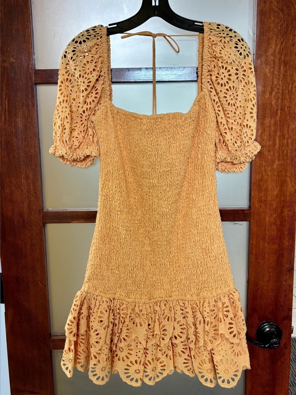 Significant Other Smocked Eyelet Puff-Sleeve Mini Dress in Light Orange